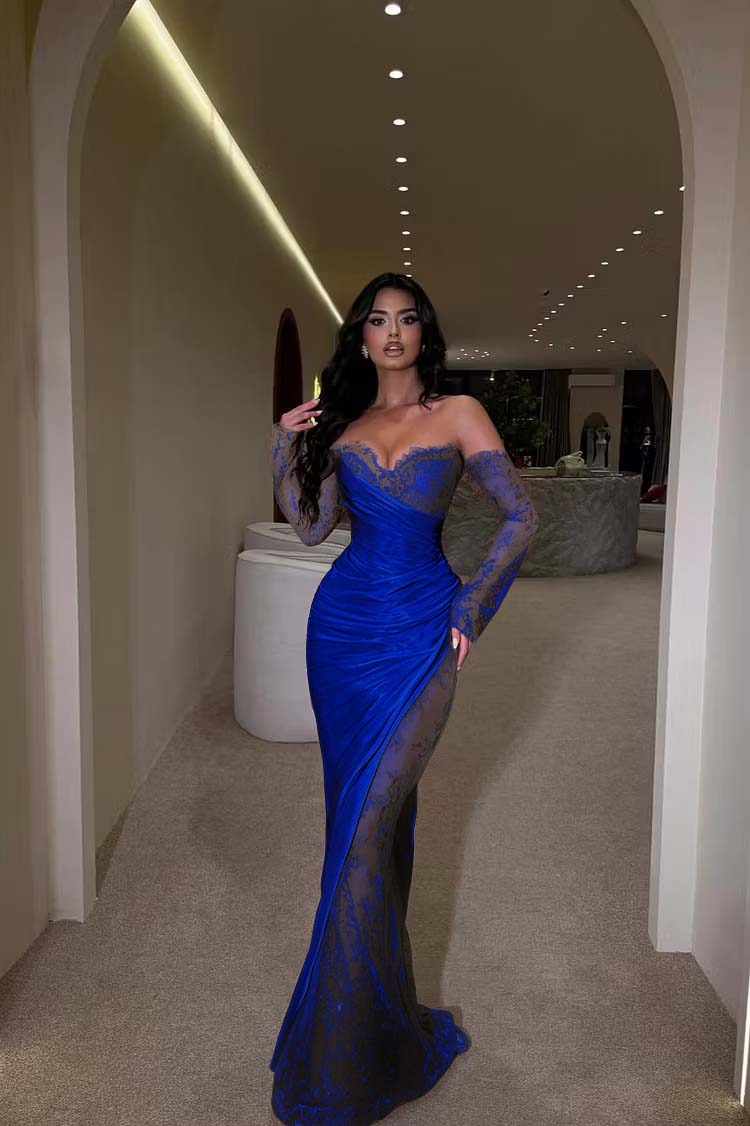 Glamorous Brown Long Sleeves Strapless V Neck Long Prom Dress with Pleated