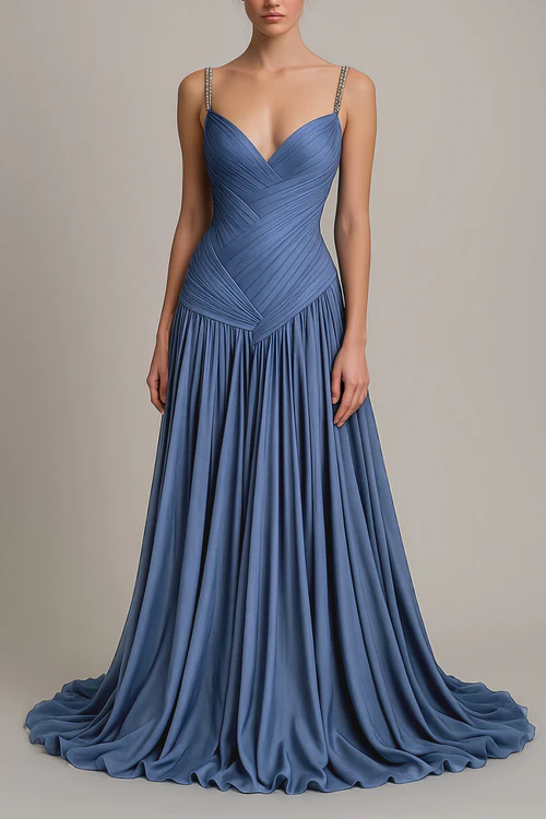 Charming Dusty Blue Sleeveless Spaghetti Strap Long Prom Dress with V Neck