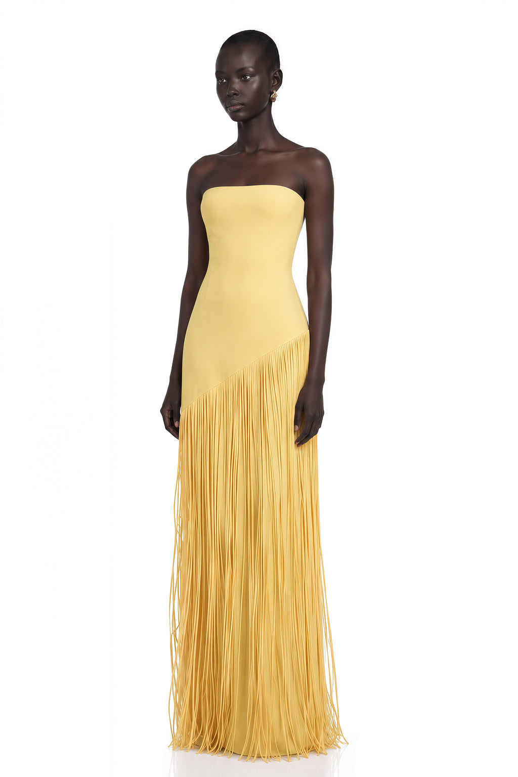 Cayetana Yellow Fringed Maxi Dress with Shawl Detail