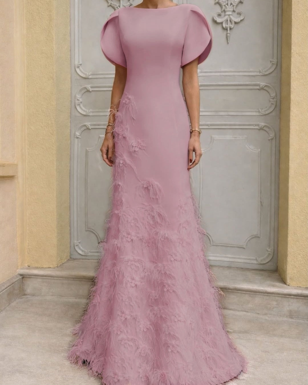 Majestic Pink Satin Sleeveless Applique Long Prom Dress with Feather