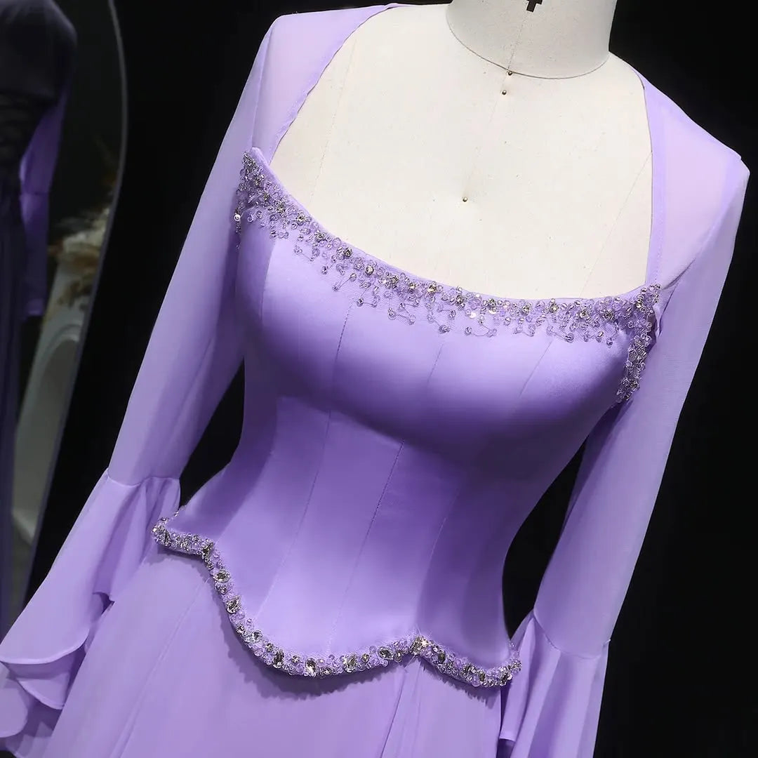 Stunning Square Neck Beaded Long Ruffles Sleeves Prom Dress