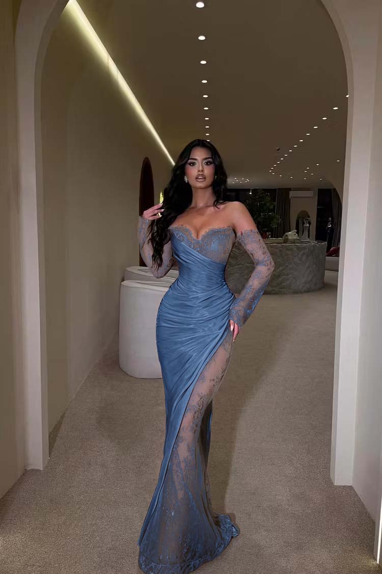 Glamorous Brown Long Sleeves Strapless V Neck Long Prom Dress with Pleated