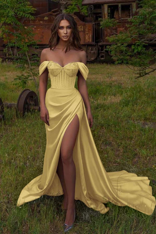 Off-the-Shoulder Beadings Sweetheart Mermaid Split Prom Dress