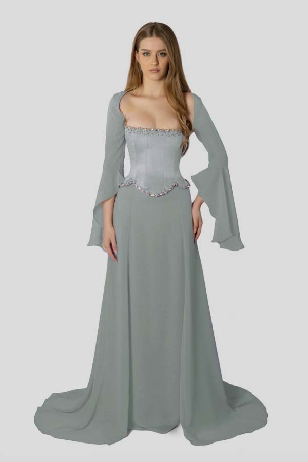Stunning Square Neck Beaded Long Ruffles Sleeves Prom Dress