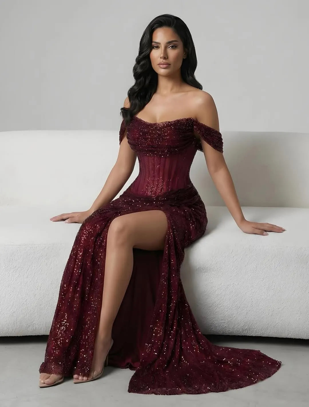 Charming Burgundy Off-The-Shoulder Pleated Prom Dress With Split