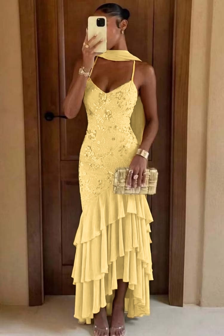 Chic Green Chiffon Sleeveless Spaghetti Strap Ruffles Hem Long Prom Dress with Scarf