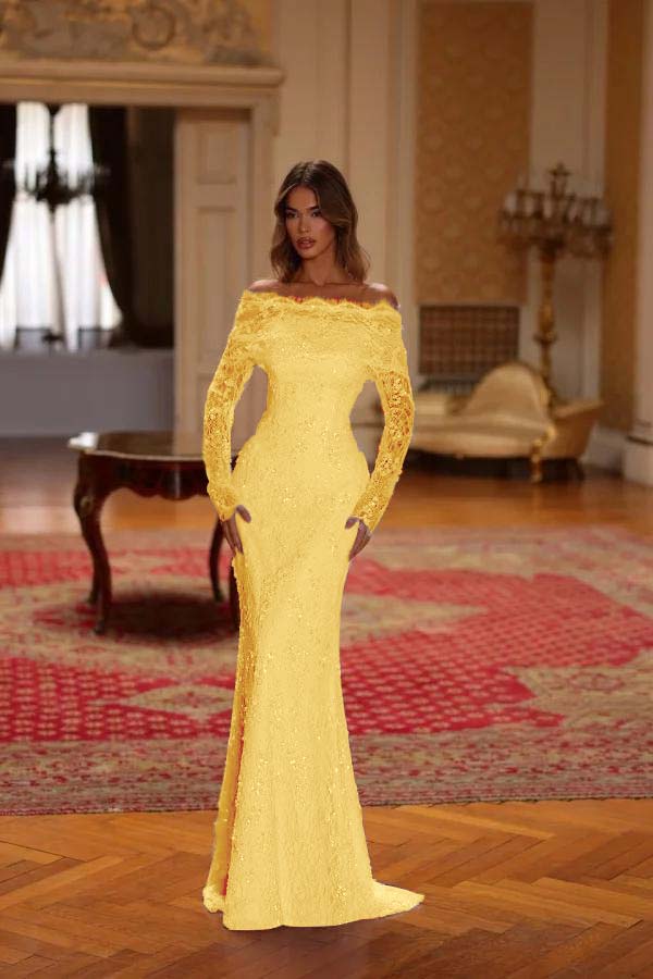 Chic Pink Lace Bateau Neck Long Sleeves Sequins Mermaid Prom Dress