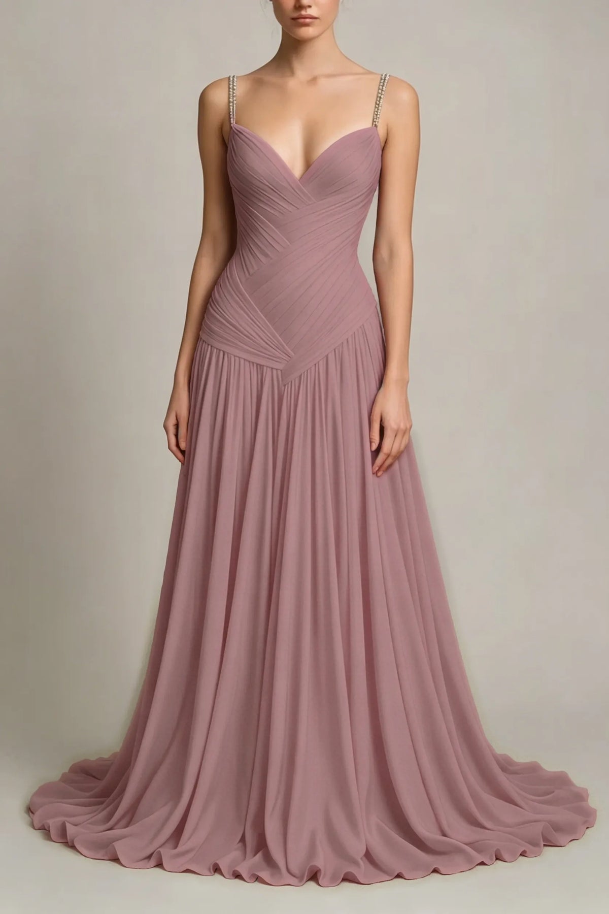 Charming Dusty Blue Sleeveless Spaghetti Strap Long Prom Dress with V Neck