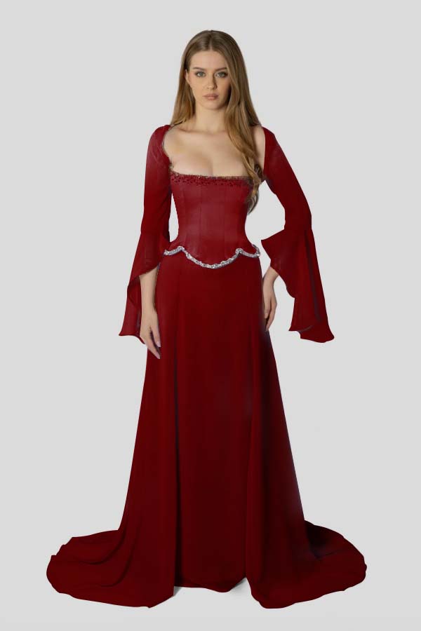 Stunning Square Neck Beaded Long Ruffles Sleeves Prom Dress