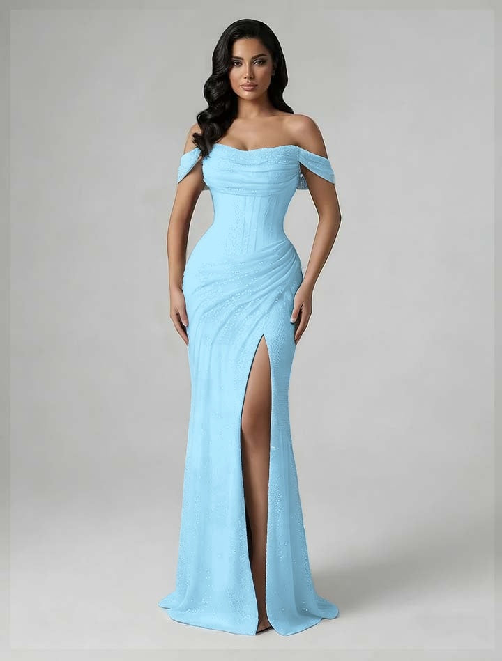 Charming Burgundy Off-The-Shoulder Pleated Prom Dress With Split