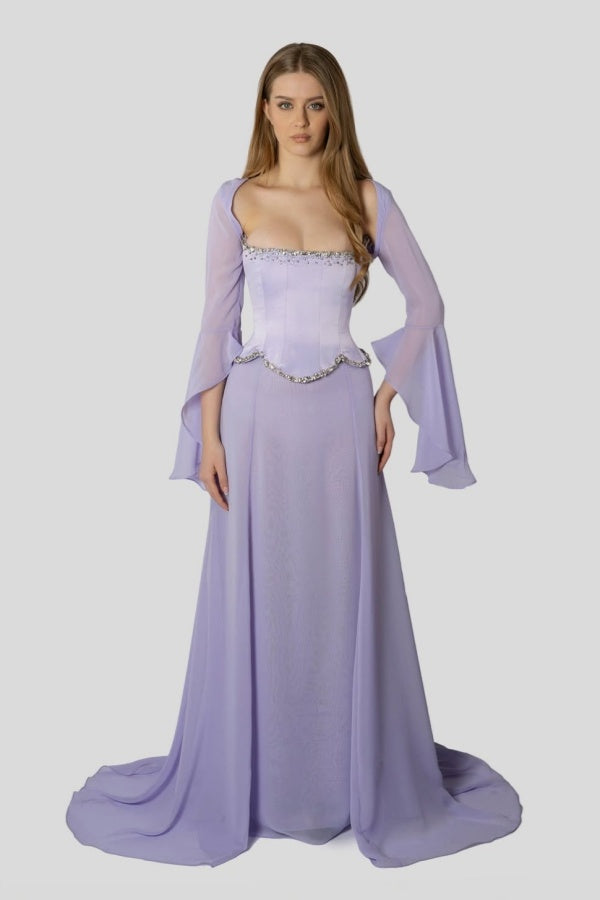 Stunning Square Neck Beaded Long Ruffles Sleeves Prom Dress