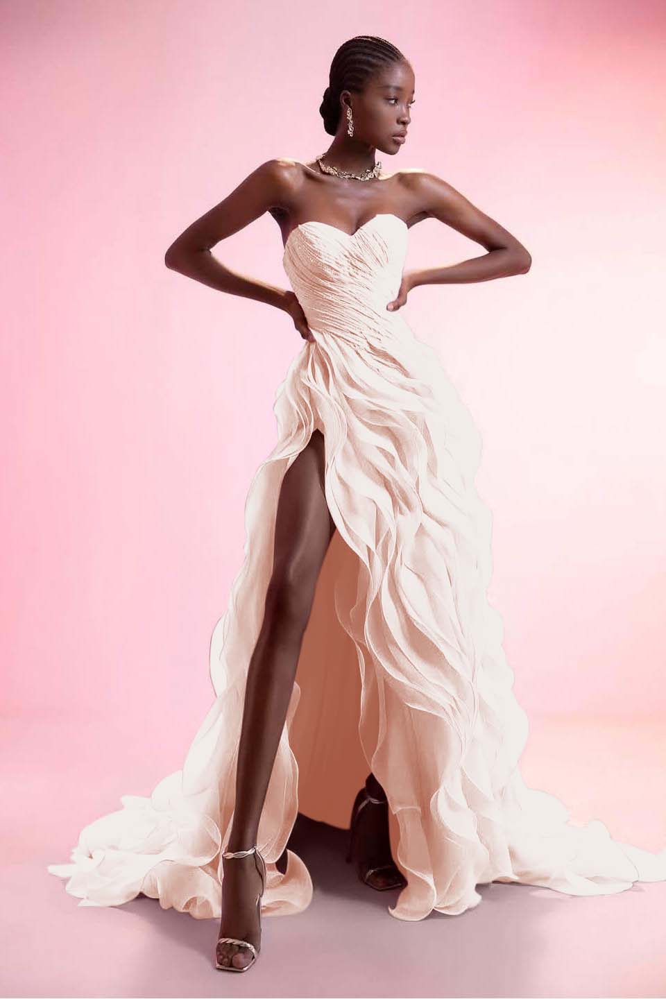 Stunning Pink Strapless Sleeveless Ruffles Pleated Split Prom Dress
