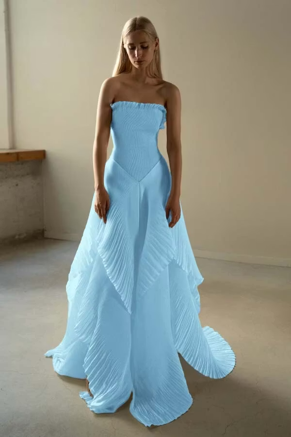 Chic Ivory Chiffon Strapless Sleeveless Slim Long Prom Dress with Ruffles