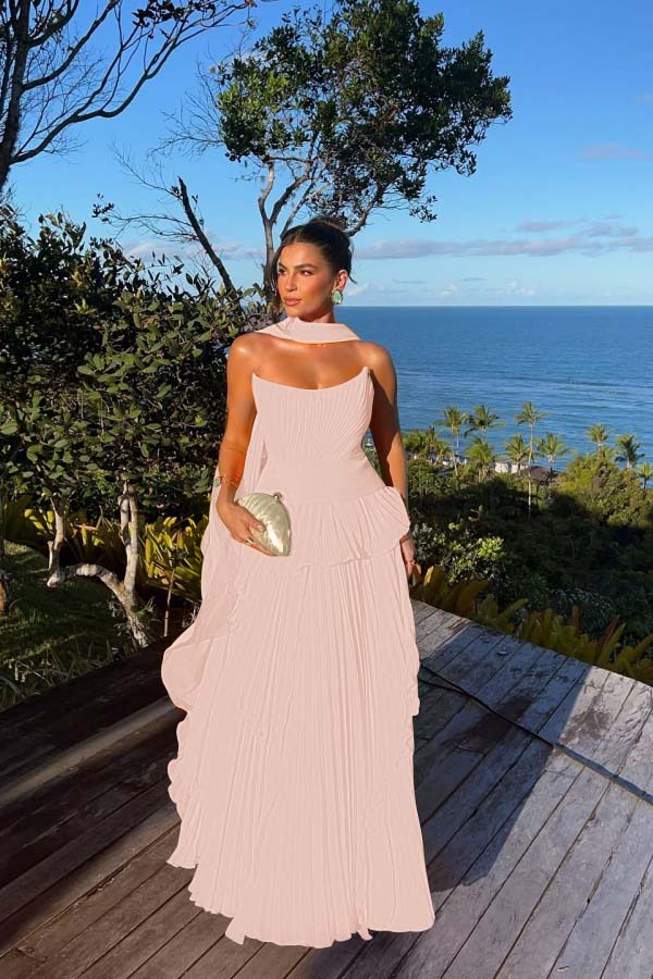 Chic Chiffon Strapless Sleeveless Pleated Prom Dress with Scarf