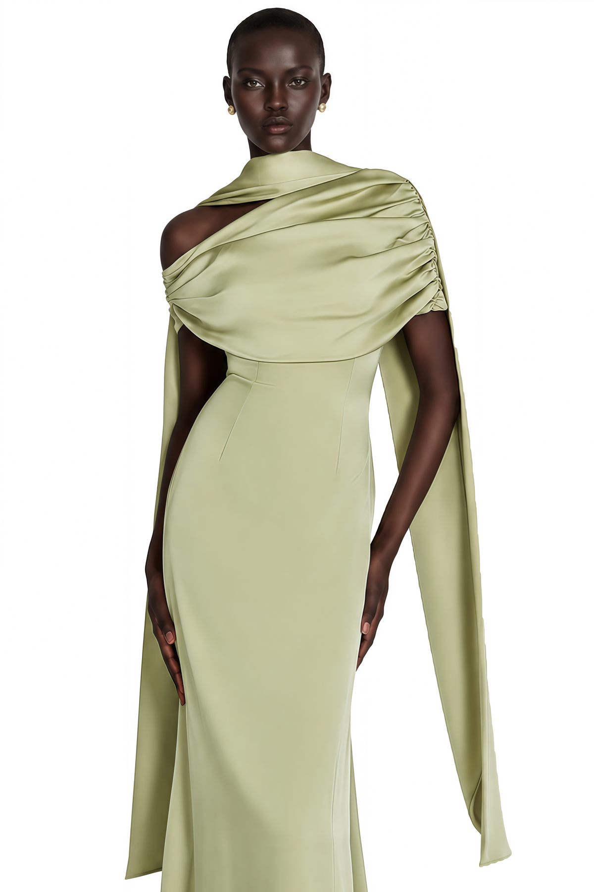 Benedetta Green One Shoulder Satin Maxi Dress