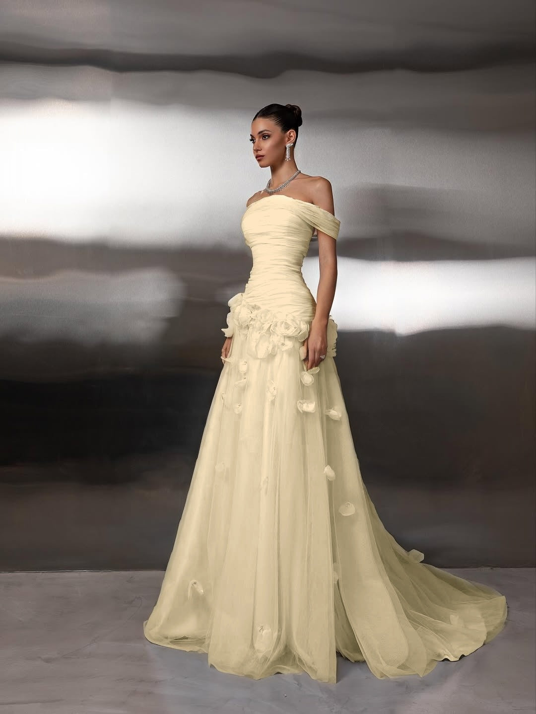 Chic Blue Tulle Off the Shoulder Floral Prom Dress with Pleated