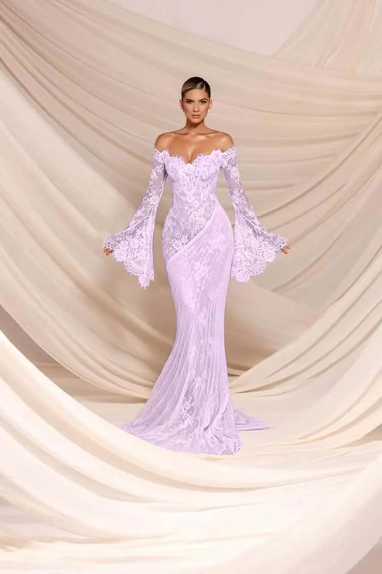 Charming White Lace Bateau Neck Long Sleeves Mermaid Wedding Dress