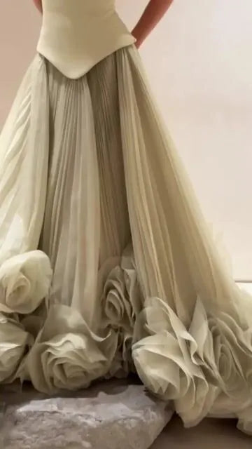 Chic Dusty Sage Tulle Sleeveless Strapless Satin Long Pleated Prom Dress with Flowers