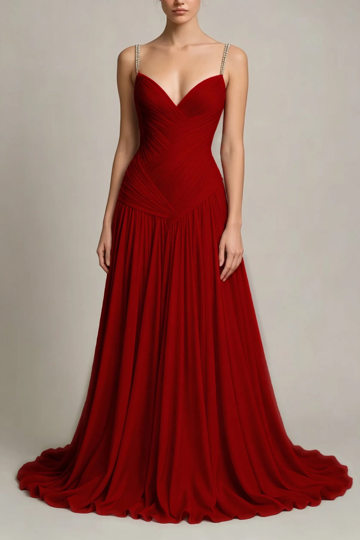 Charming Dusty Blue Sleeveless Spaghetti Strap Long Prom Dress with V Neck