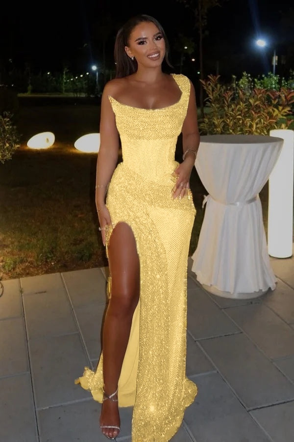 Glamorous Sequins One Shoulder Sleeveless Split Prom Dress with Pleated