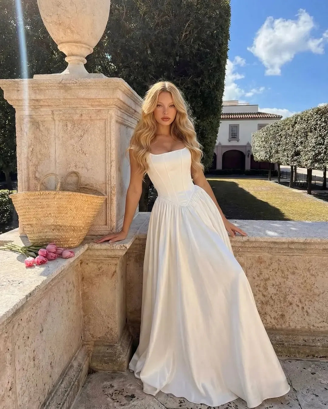 Charming White Satin Sleeveless Square Long Prom Dress with Pleated