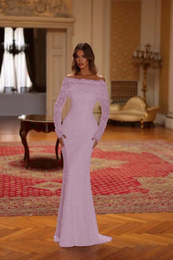 Chic Pink Lace Bateau Neck Long Sleeves Sequins Mermaid Prom Dress