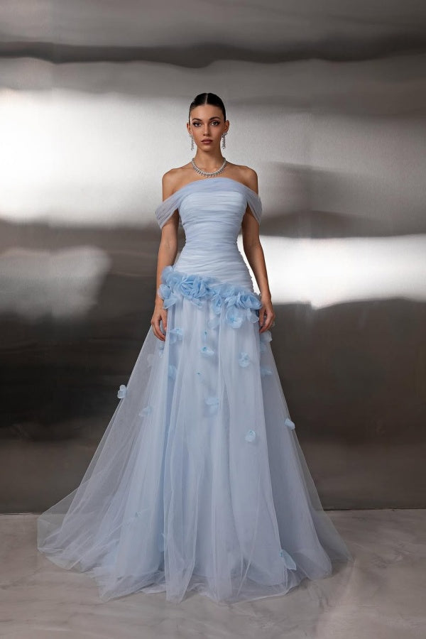 Chic Blue Tulle Off the Shoulder Floral Prom Dress with Pleated