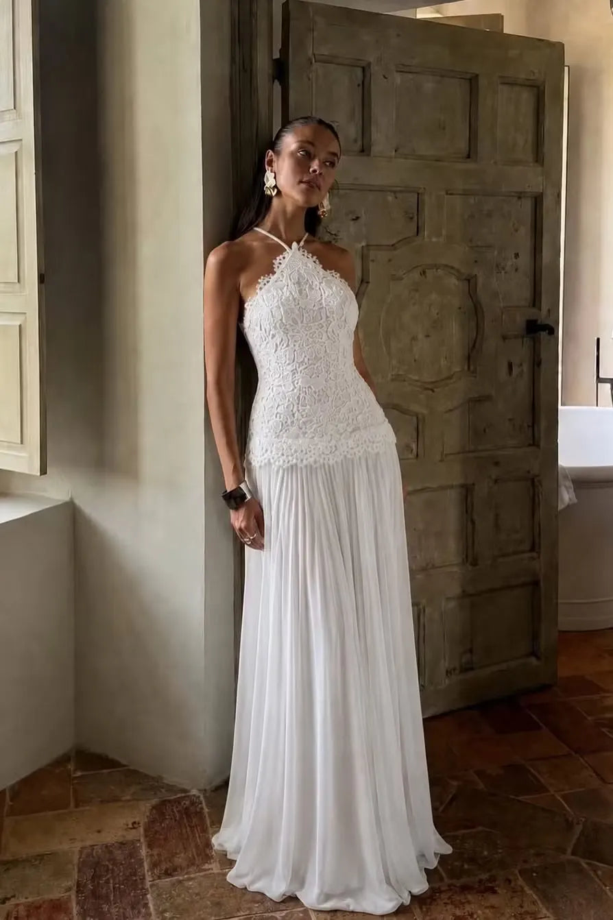 Elegant White Lace Sleeveless Halter Long Prom Dress with Pleated