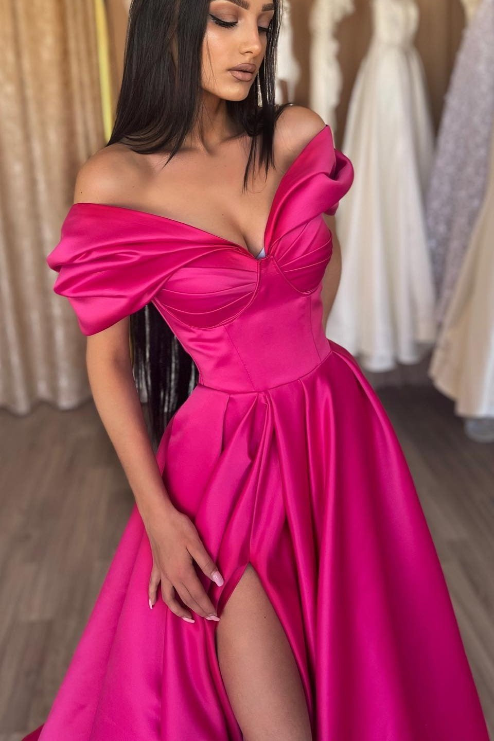 Fuchsia A-Line Portrait Prom Dress With Split