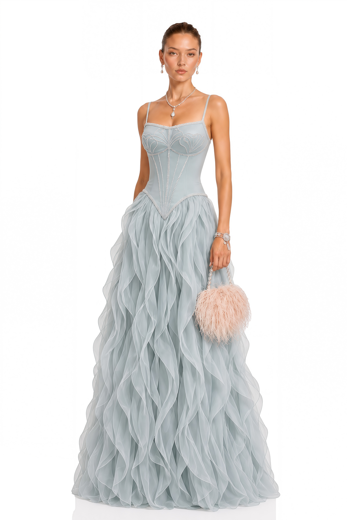 Ianthe Dusty Blue Ruffled Tulle Maxi Dress (Without Gloves)