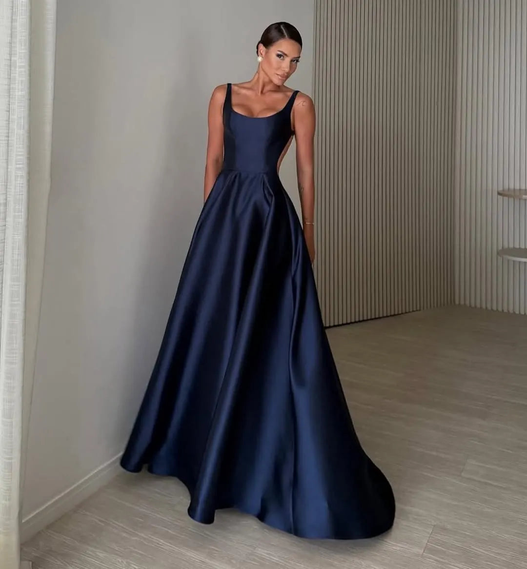 Elegant Satin Wide Shoulder Straps Sleeveless Backless Prom Dress