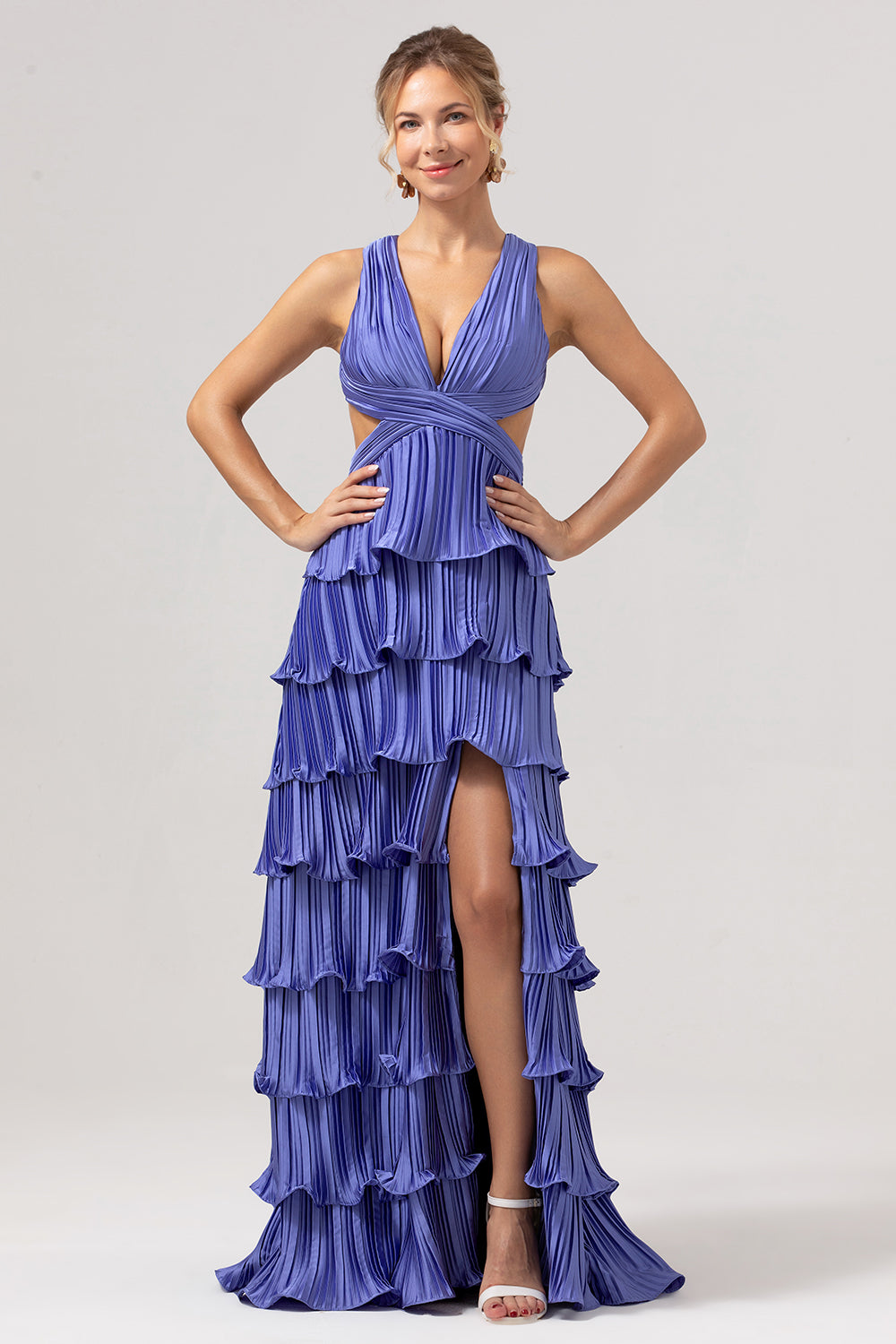 A Line Deep V Neck Tiered Chiffon Long Purple Prom Dress with Slit