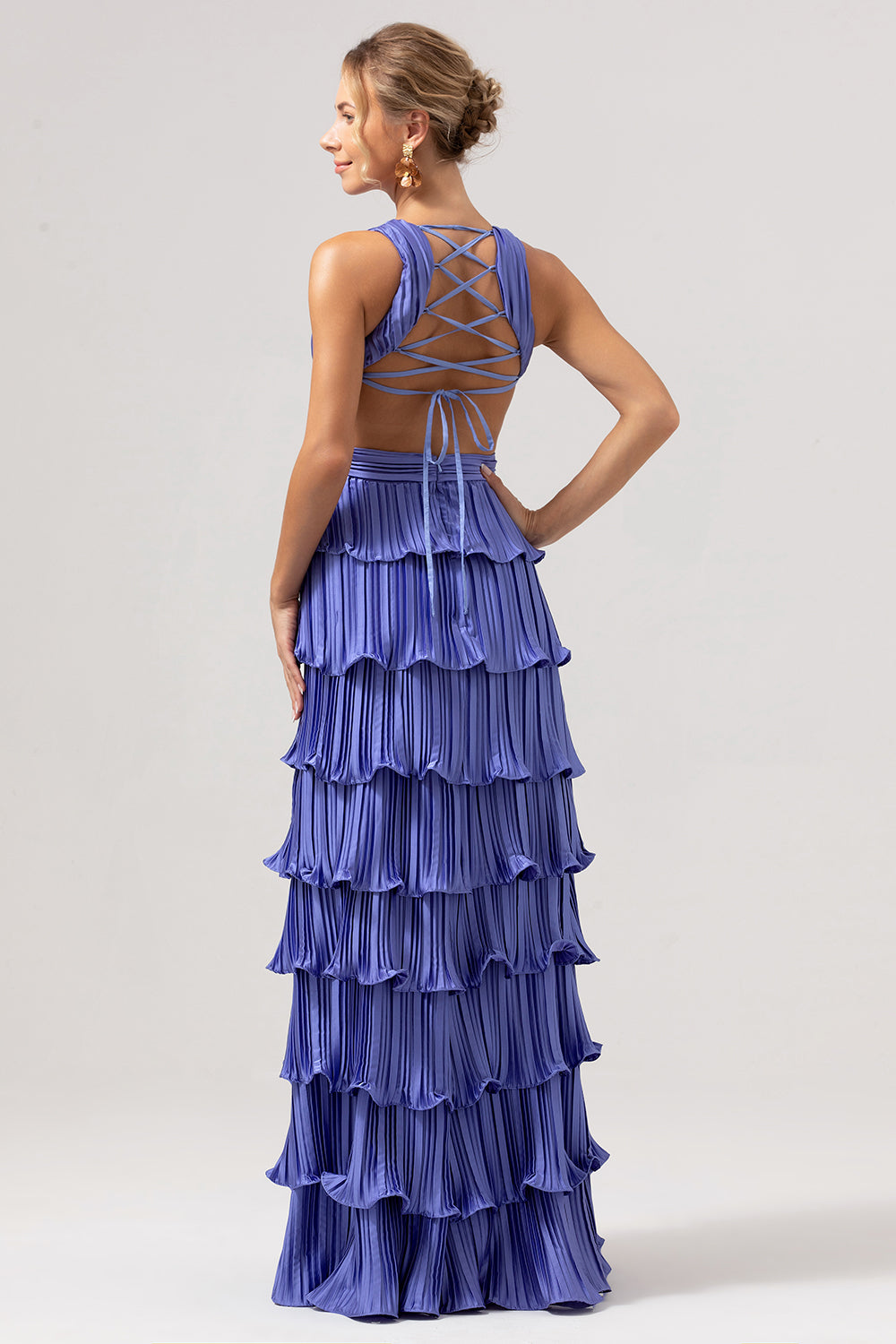 A Line Deep V Neck Tiered Chiffon Long Purple Prom Dress with Slit