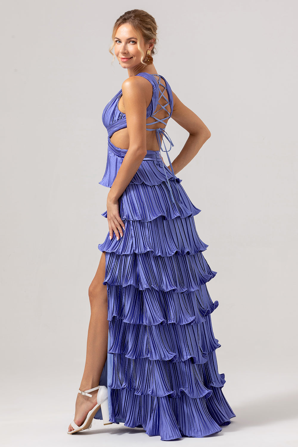 A Line Deep V Neck Tiered Chiffon Long Purple Prom Dress with Slit