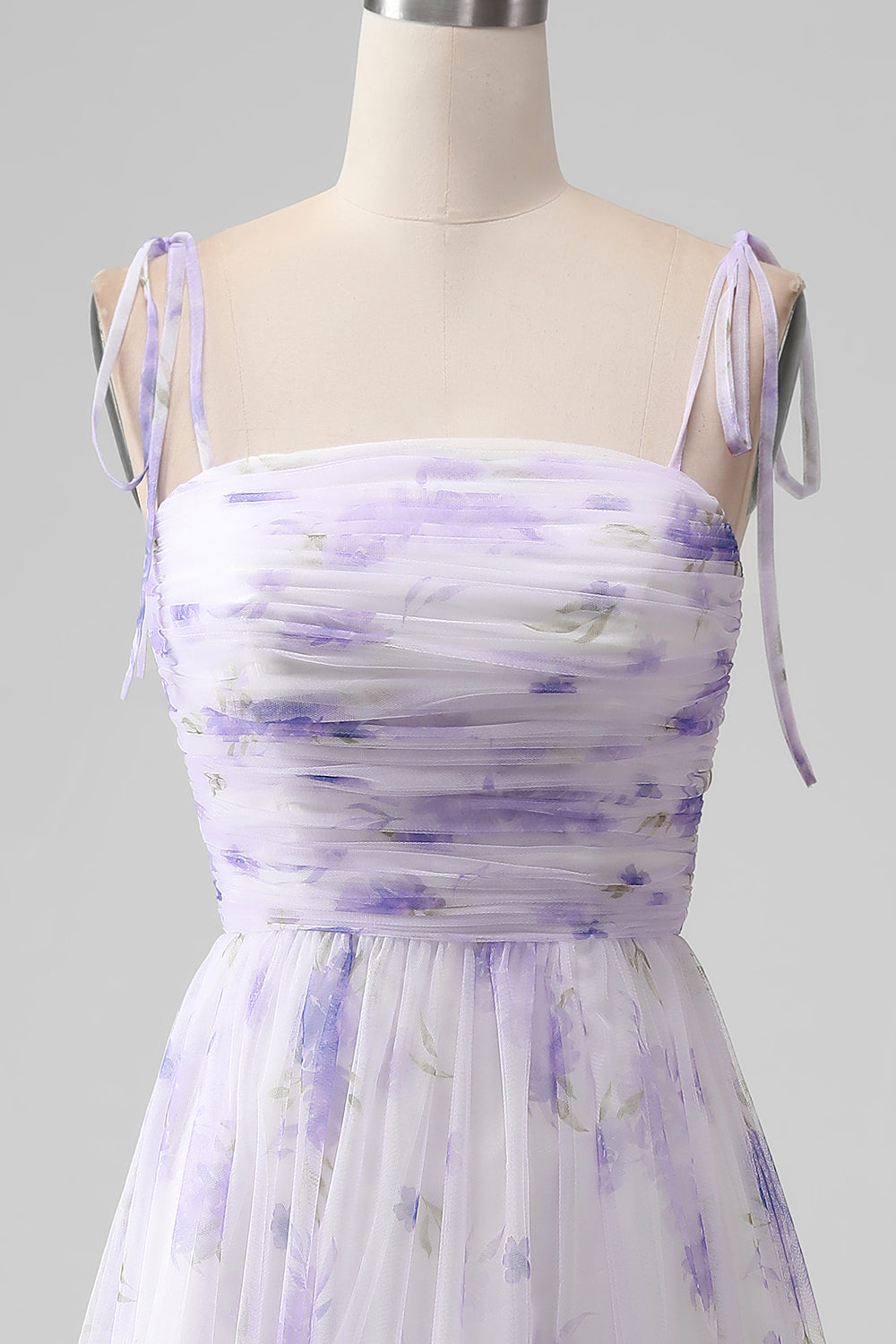 Lavender Flower A-Line Spaghetti Straps Print Long Bridesmaid Dress