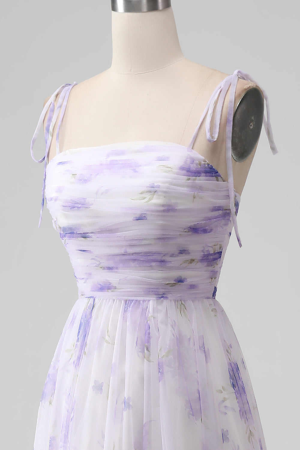 Lavender Flower A-Line Spaghetti Straps Print Long Bridesmaid Dress