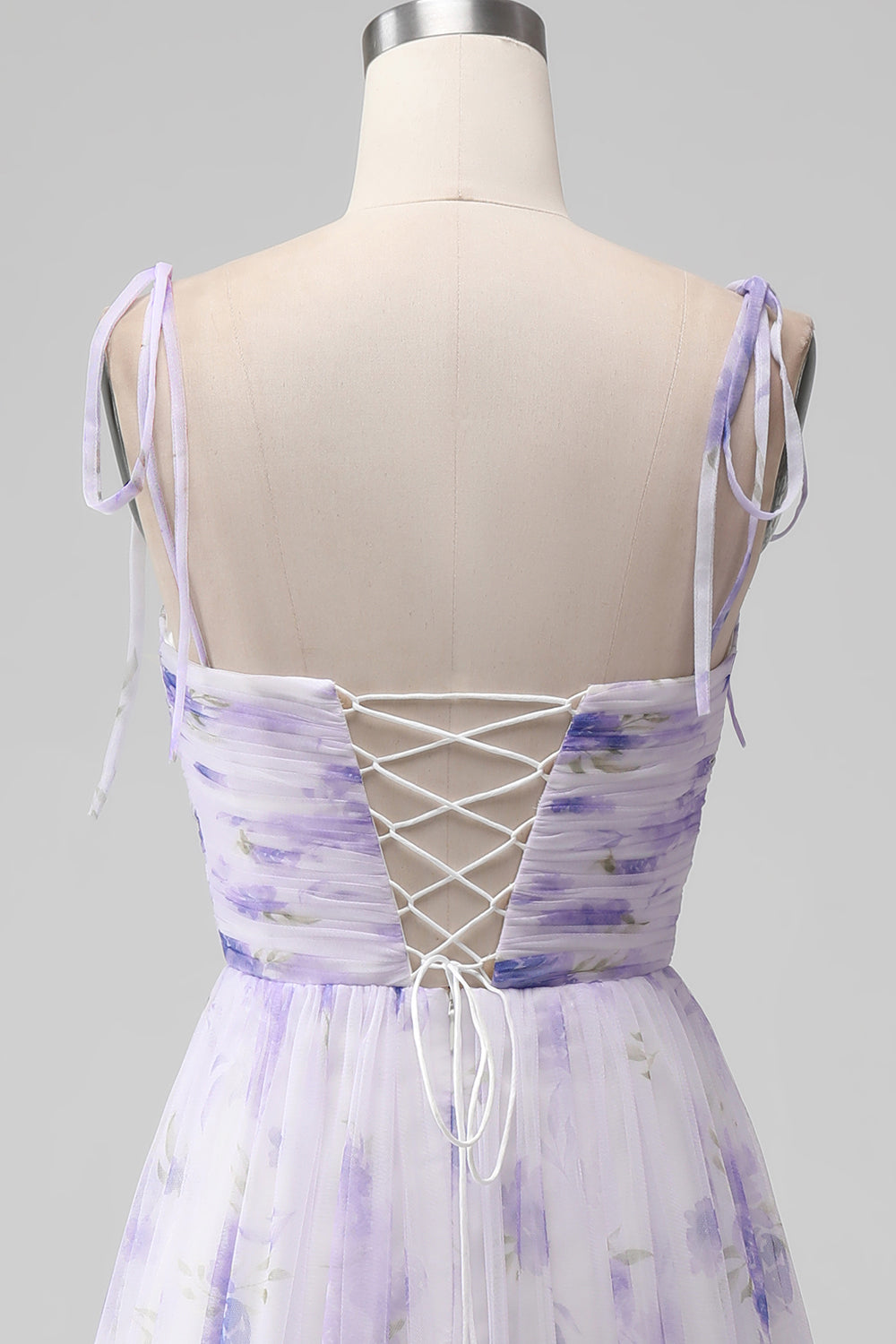 Lavender Flower A-Line Spaghetti Straps Print Long Bridesmaid Dress