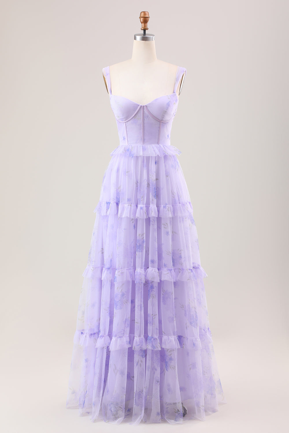 Lavender A Line Spaghetti Straps Print Tiered Corset Long Wedding Party Dress