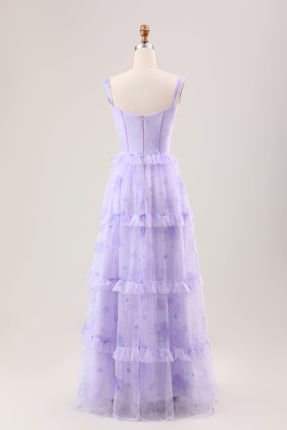 Lavender A Line Spaghetti Straps Print Tiered Corset Long Wedding Party Dress