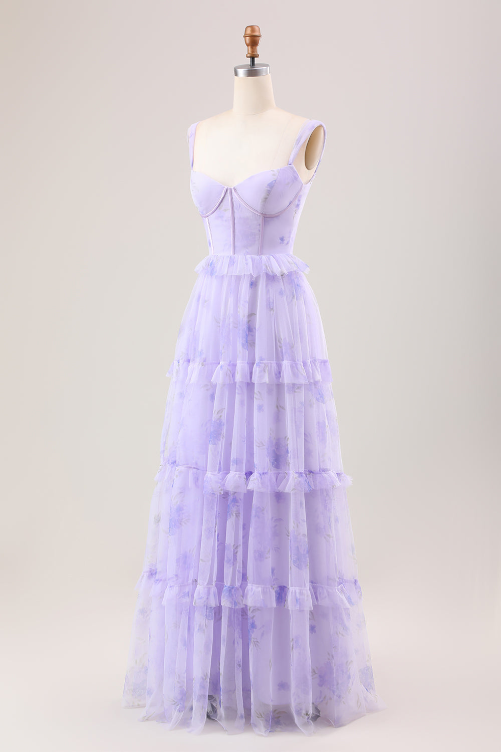 Lavender A Line Spaghetti Straps Print Tiered Corset Long Wedding Party Dress