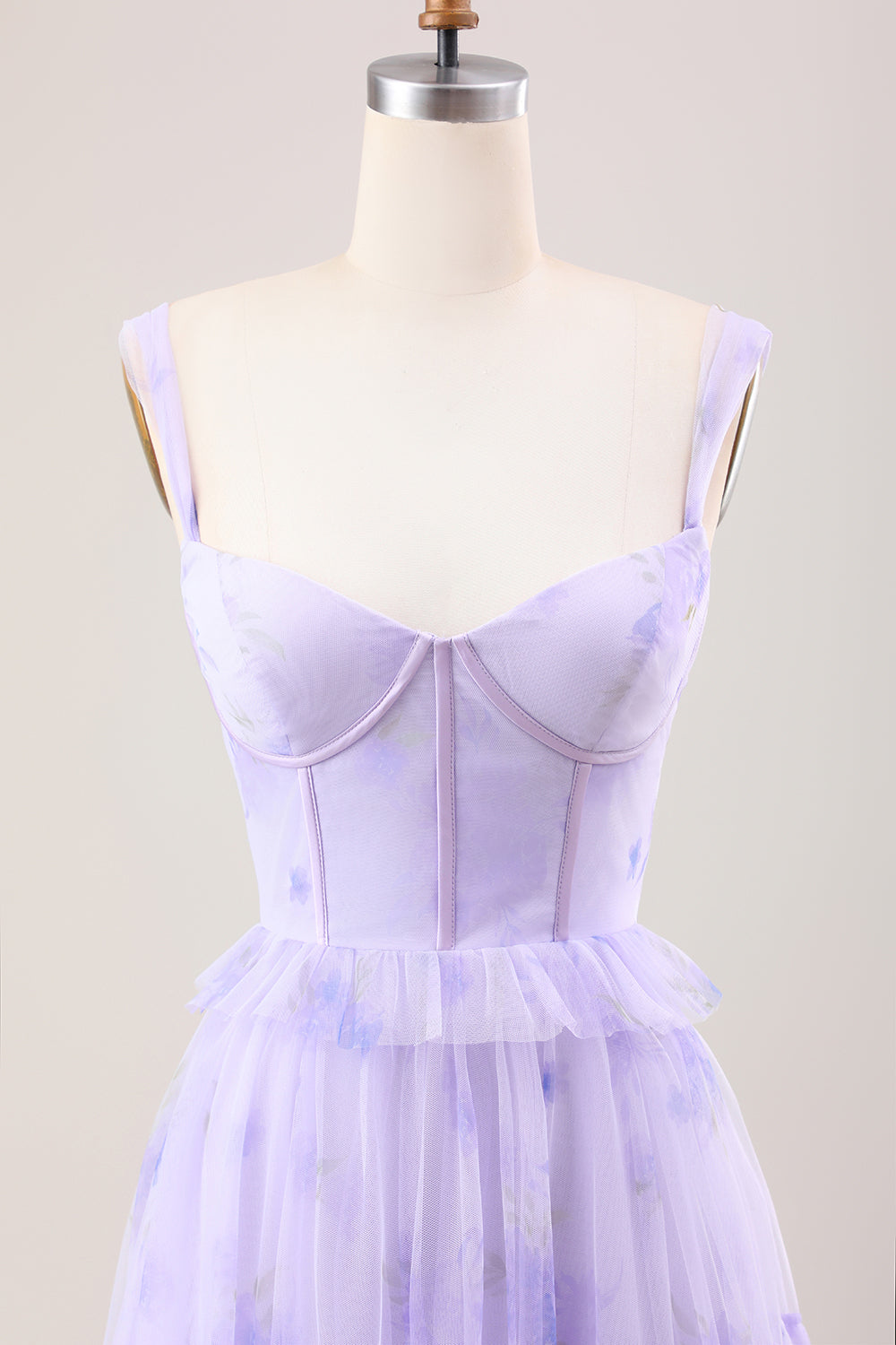 Lavender A Line Spaghetti Straps Print Tiered Corset Long Wedding Party Dress