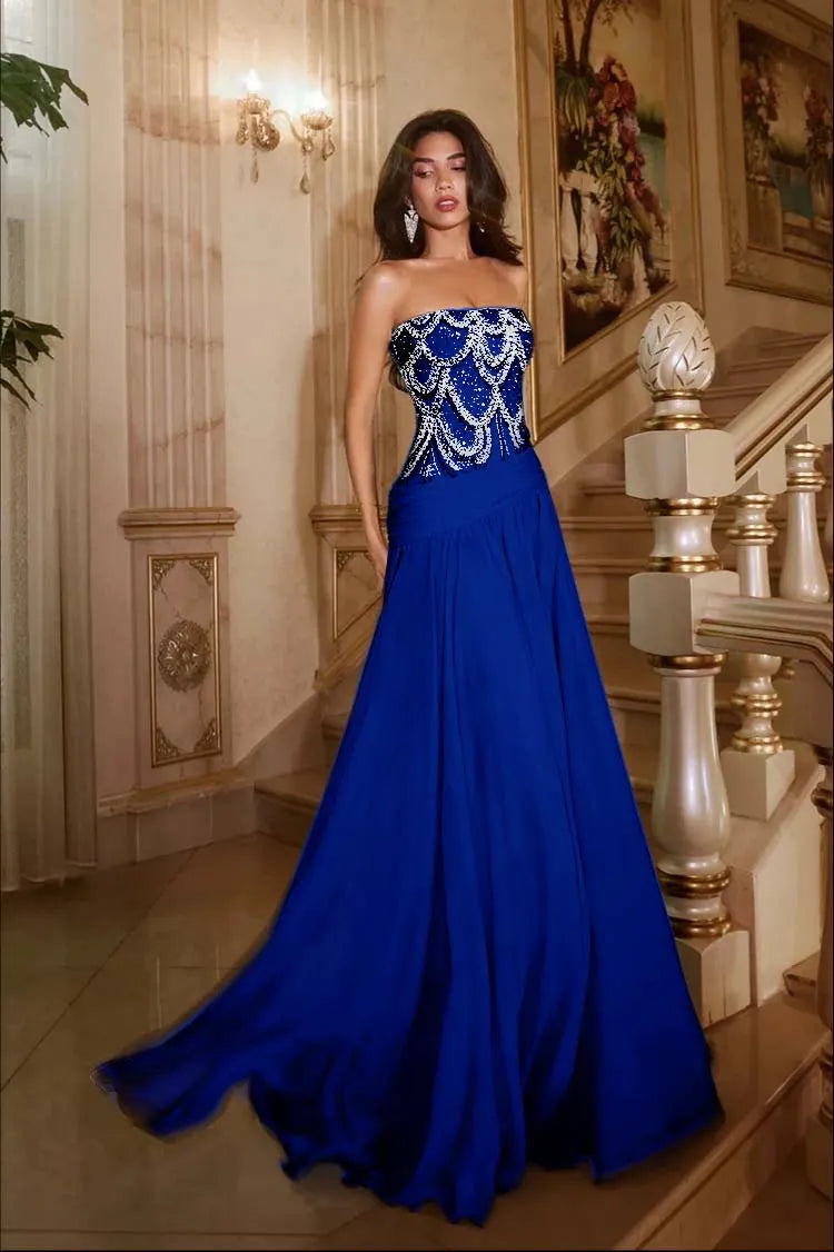 Exquisite DarkNavy Chiffon Sleeveless Strapless Prom Dress with Sequins
