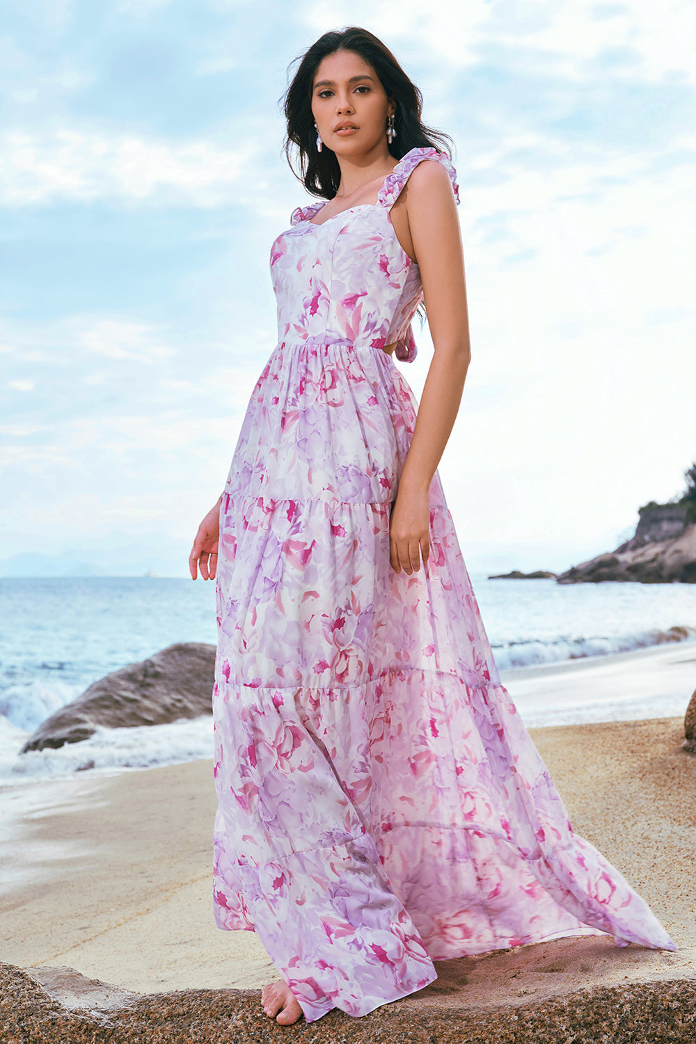 Grey Purple A Line Square Neck Print Floral Bridesmaid Dress with Lace Up Back