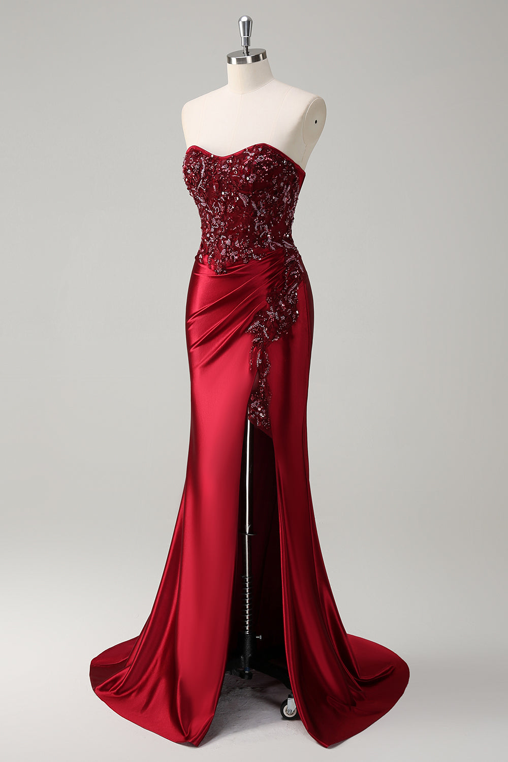 Sparkly Burgundy Floral Mermaid Beaded Corset Long Prom Dress with Slit
