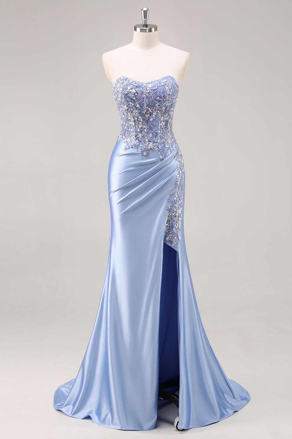 Sparkly Blue Mermaid Floral Beaded Corset Long Prom Dress with Slit