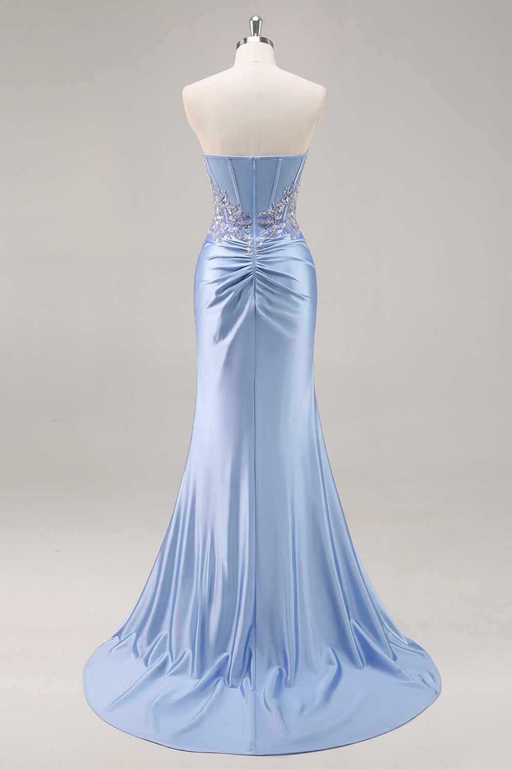 Sparkly Blue Mermaid Floral Beaded Corset Long Prom Dress with Slit
