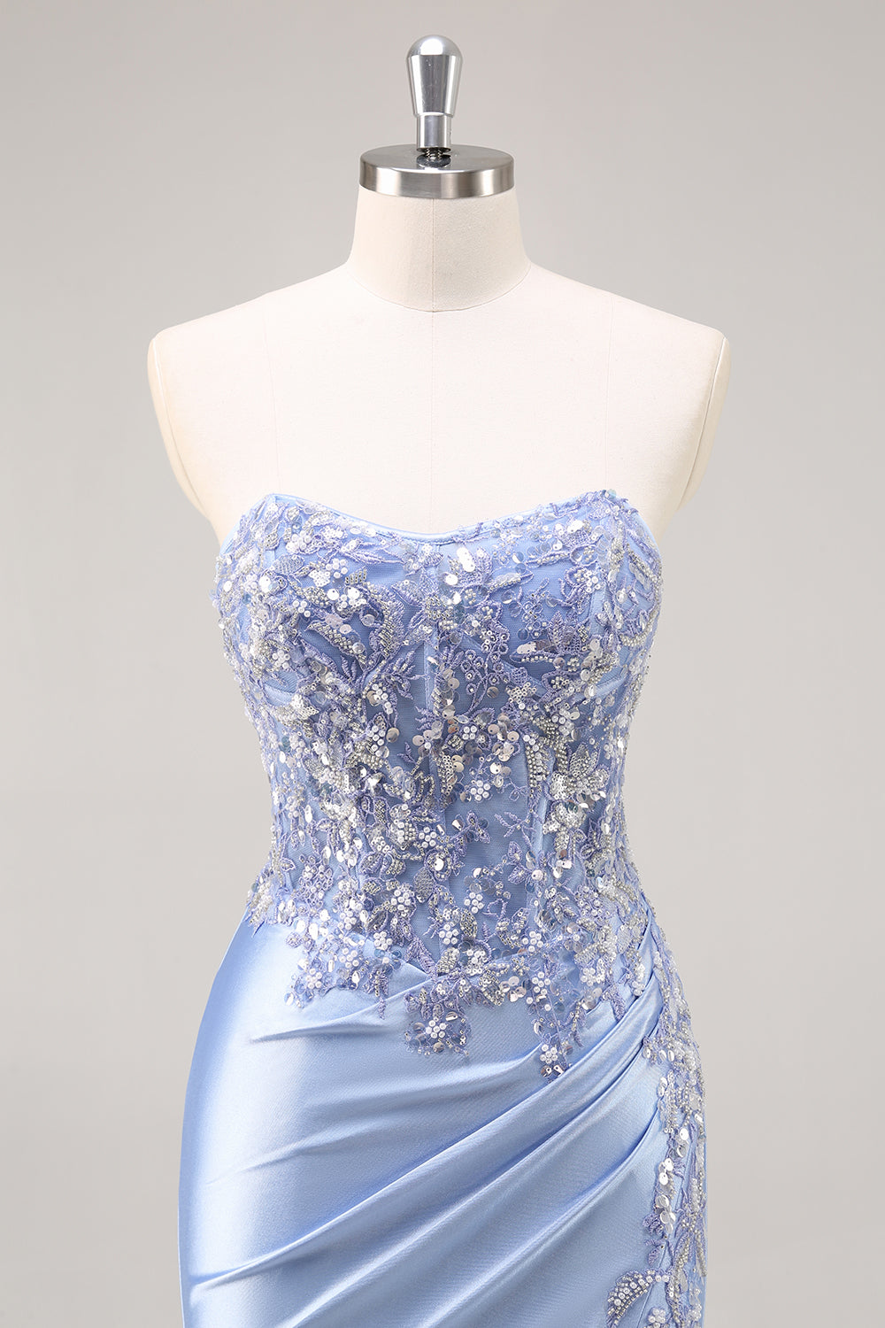 Sparkly Blue Mermaid Floral Beaded Corset Long Prom Dress with Slit