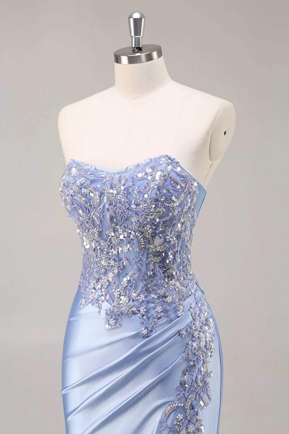 Sparkly Blue Mermaid Floral Beaded Corset Long Prom Dress with Slit