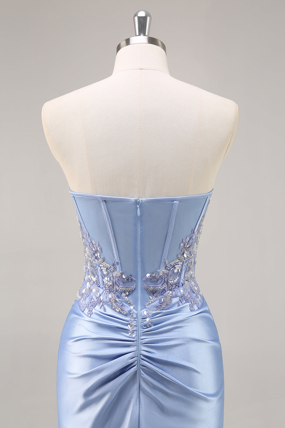 Sparkly Blue Mermaid Floral Beaded Corset Long Prom Dress with Slit