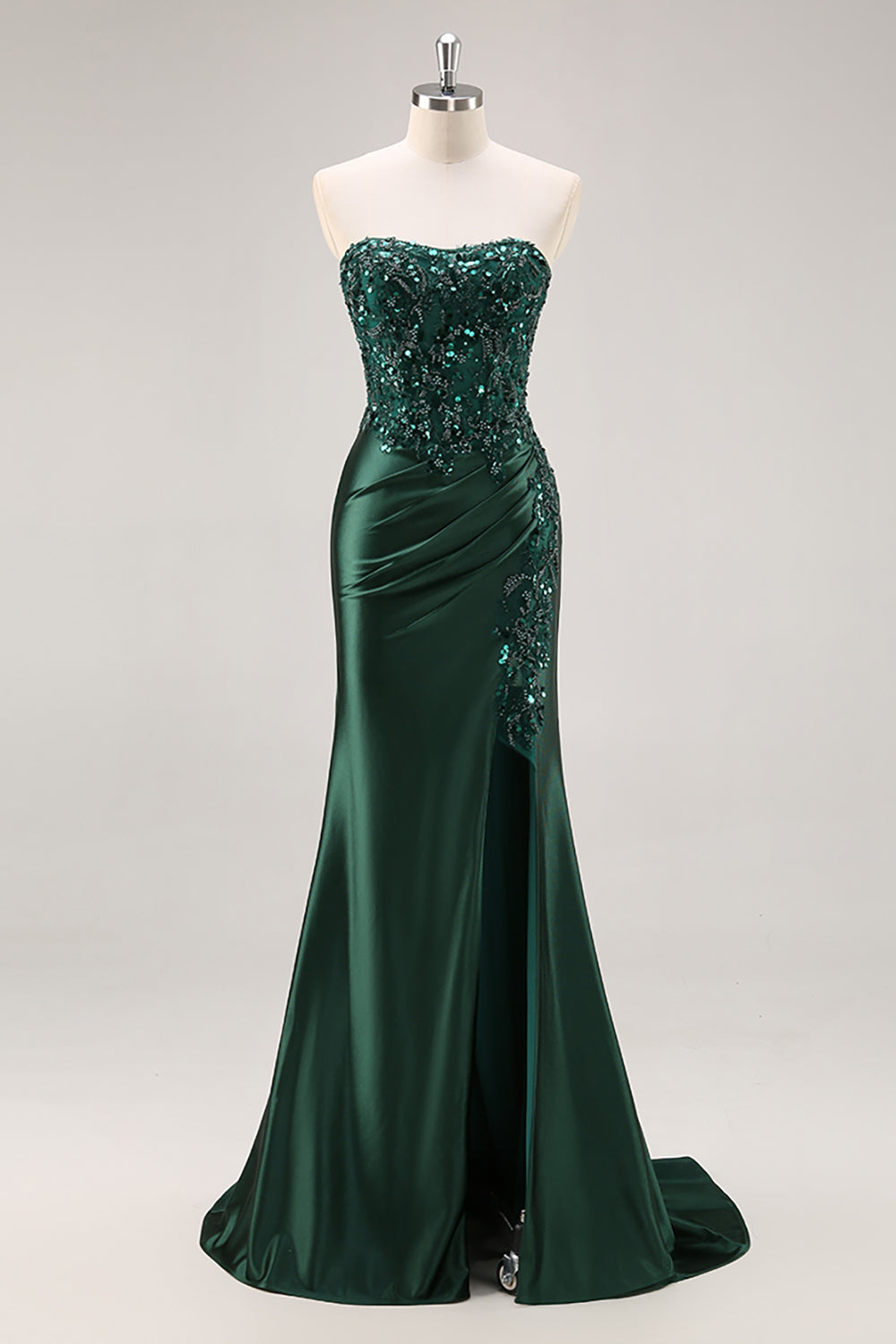 Sparkly Blue Mermaid Floral Beaded Corset Long Prom Dress with Slit